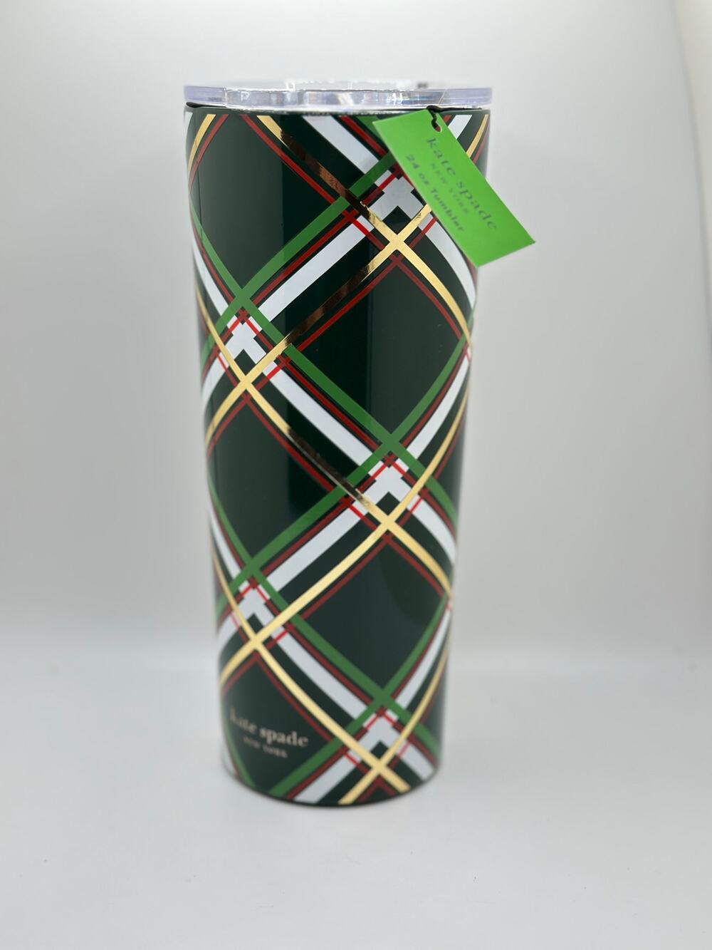 Kate Spade Holiday Plaid Insulated Tumbler-Green Plaid- new with tags